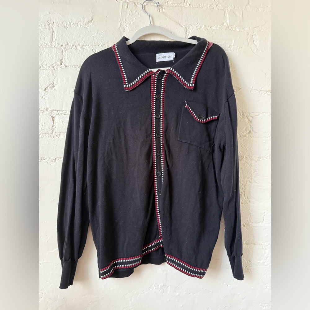 Black Cardigan with Red and White Trim